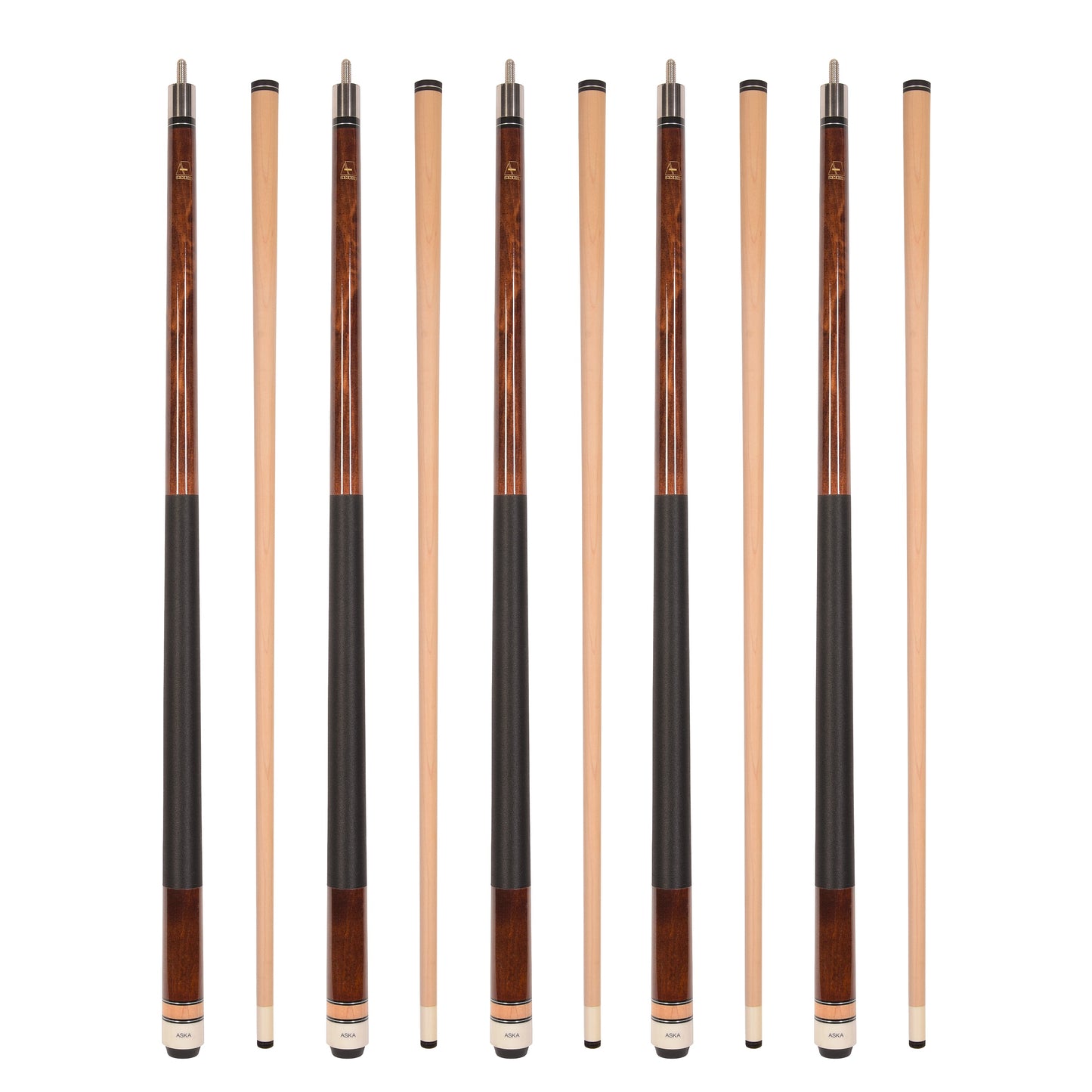 Set of 5 BROWN Aska L2 Billiard Pool Cues, 58" Hard Rock Canadian Maple, 13mm Hard Tip, Mixed Weights, L2S5BRN