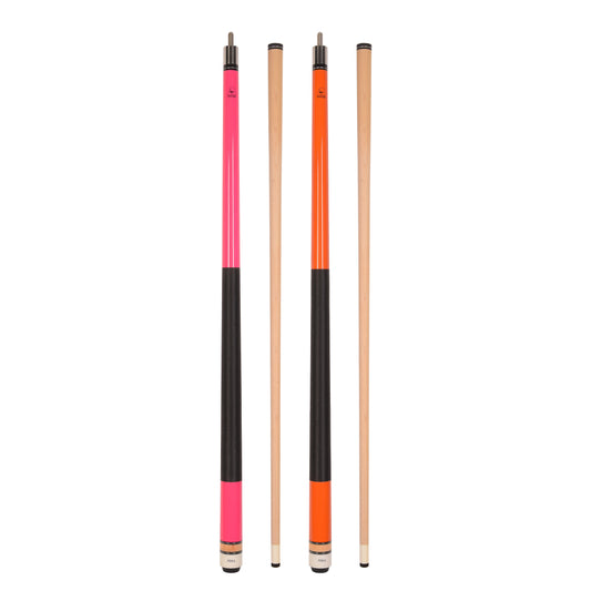 Set of 2 Aska L2 Billiard Pool Cues Pink and Orange, 58" Hard Rock Canadian Maple, 13mm Hard Leather Tip, L2S2PNKORG