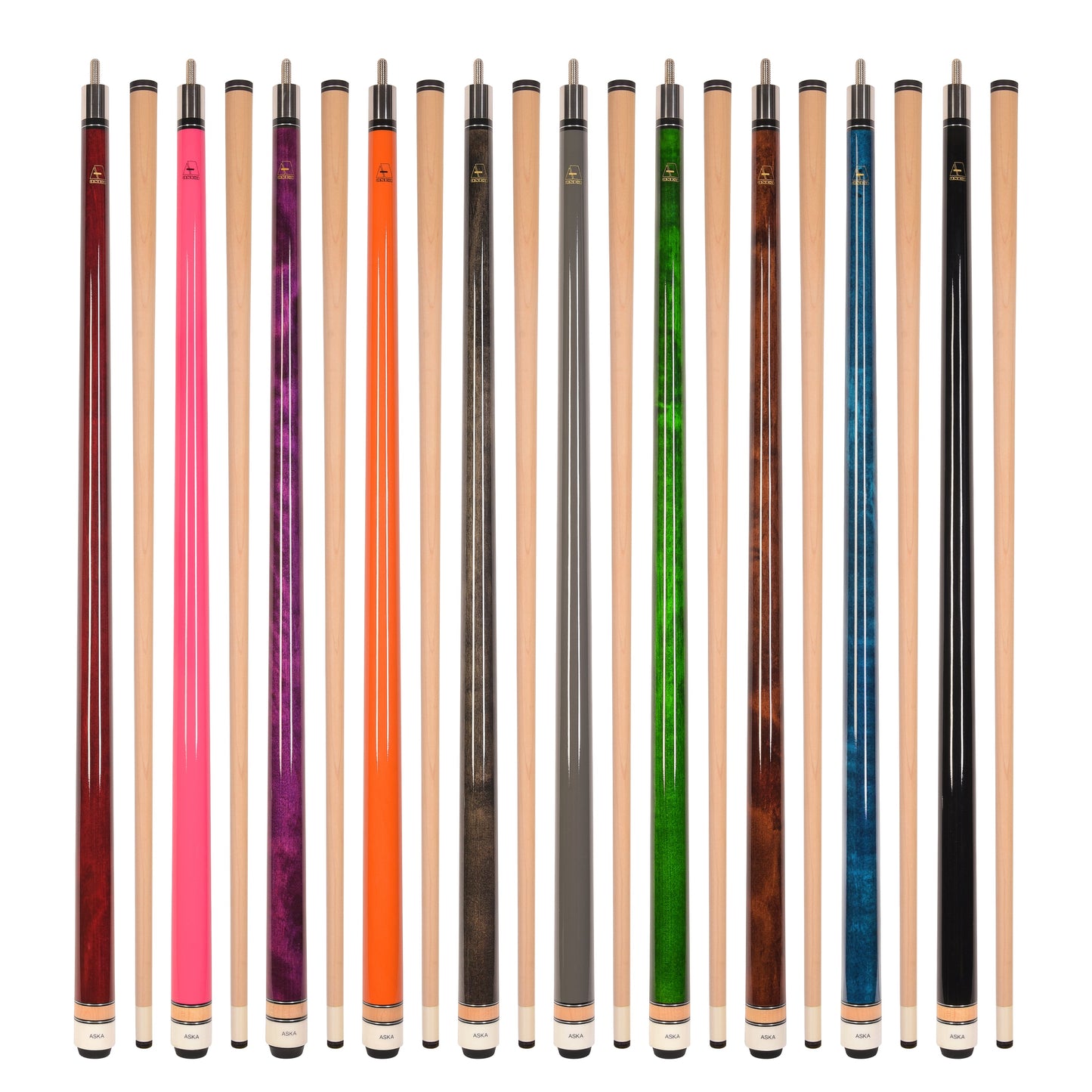 Surprise Box. Grade B cues. 10 random ASKA Pool Cues, 58" Hard Rock Canadian Maple, 13mm Hard Leather Tip, Random Weights