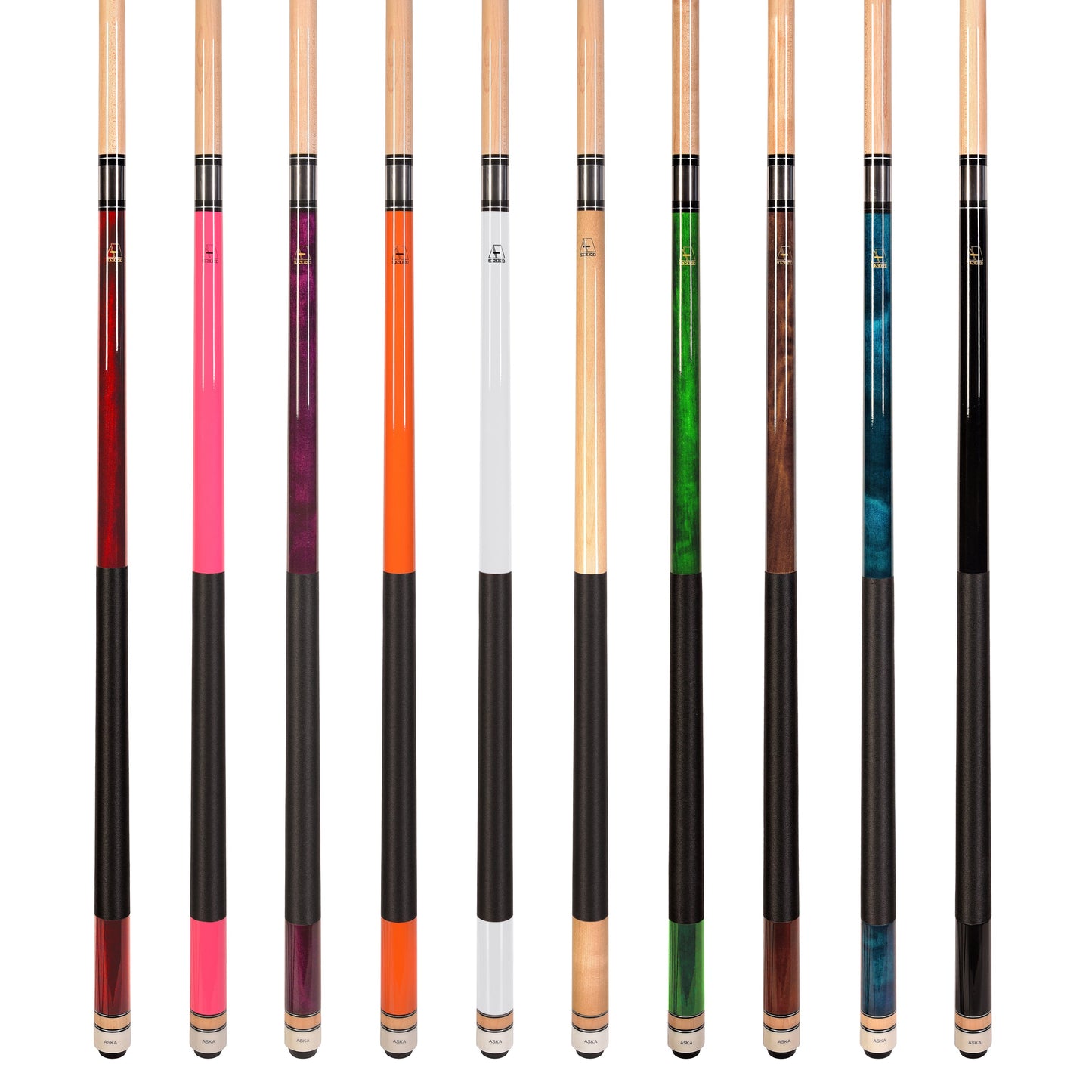 Set of 10 Aska L2 Billiard Pool Cues, 58" Hard Rock Canadian Maple, 13mm Hard Leather Tip, Mixed Weights, L2S10A