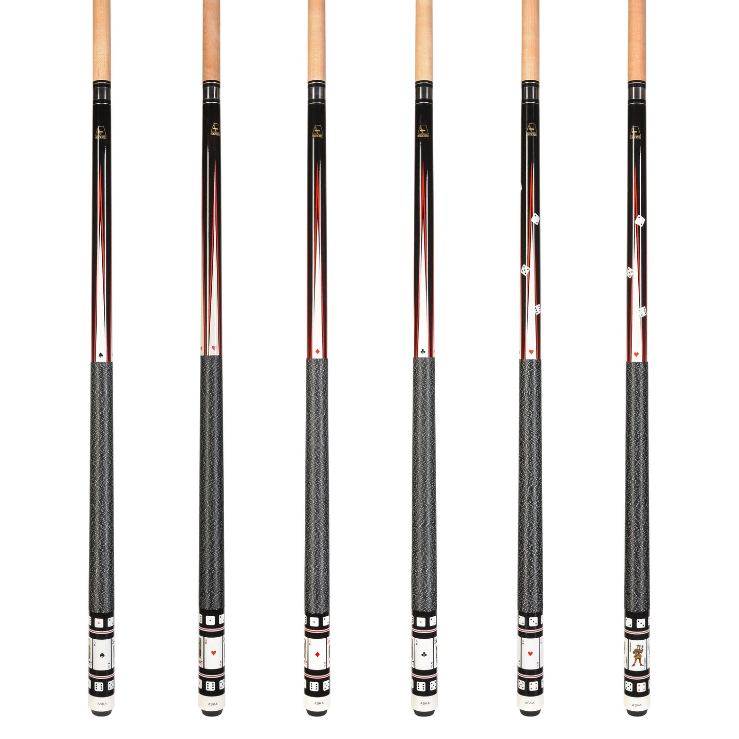 Set of 6 Aska Cards and Dice Billiard Pool Cues, 58" Hard Rock Canadian Maple, 13mm Hard Tip, Mixed Weights, CDS6