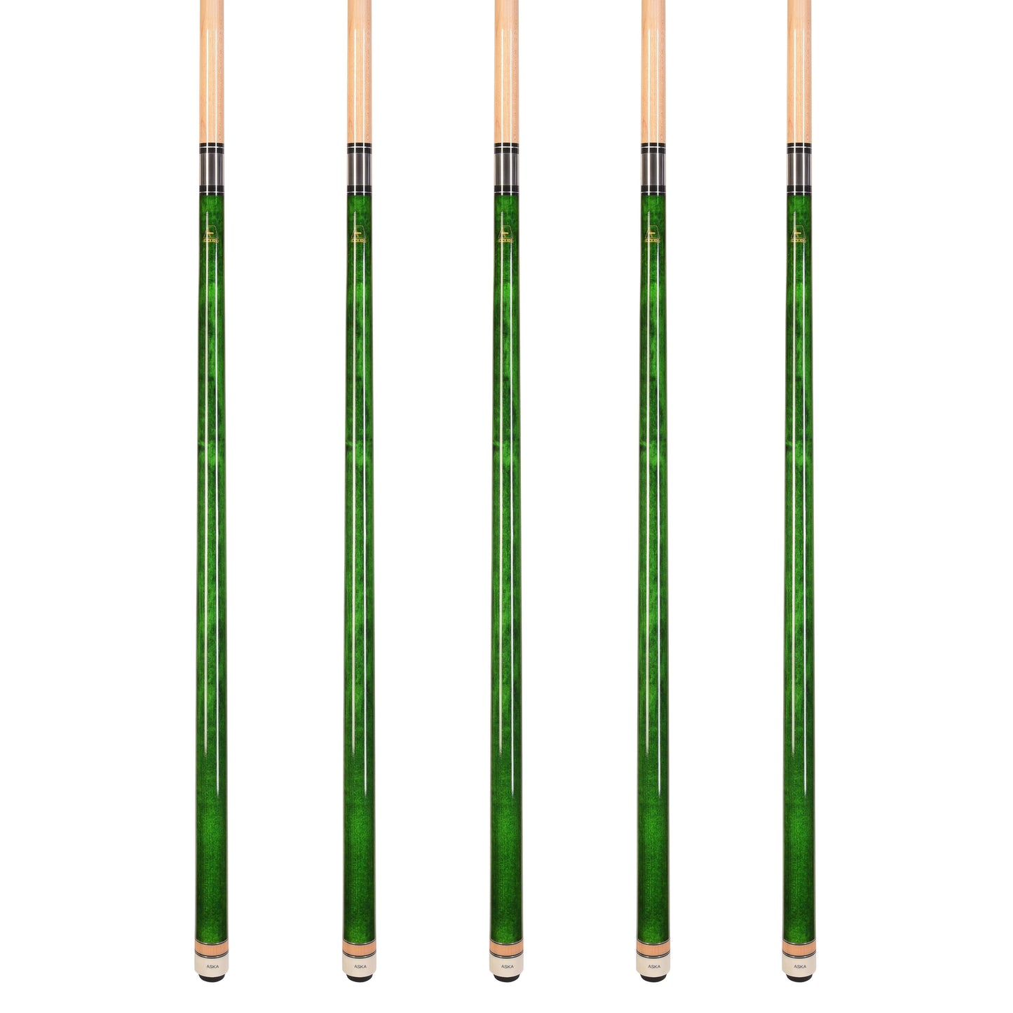 Set of 5 Aska L3 Green Pool Cue Sticks, 58", 13mm Tip, Hard Rock Canadian Maple Shaft, Wrapless, L3S5GRN