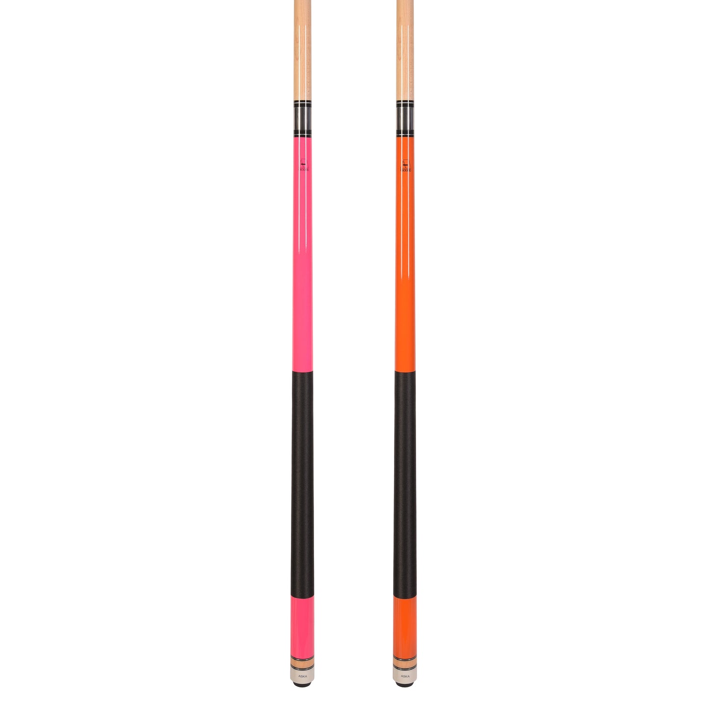 Set of 2 Aska L2 Billiard Pool Cues Pink and Orange, 58" Hard Rock Canadian Maple, 13mm Hard Leather Tip, L2S2PNKORG