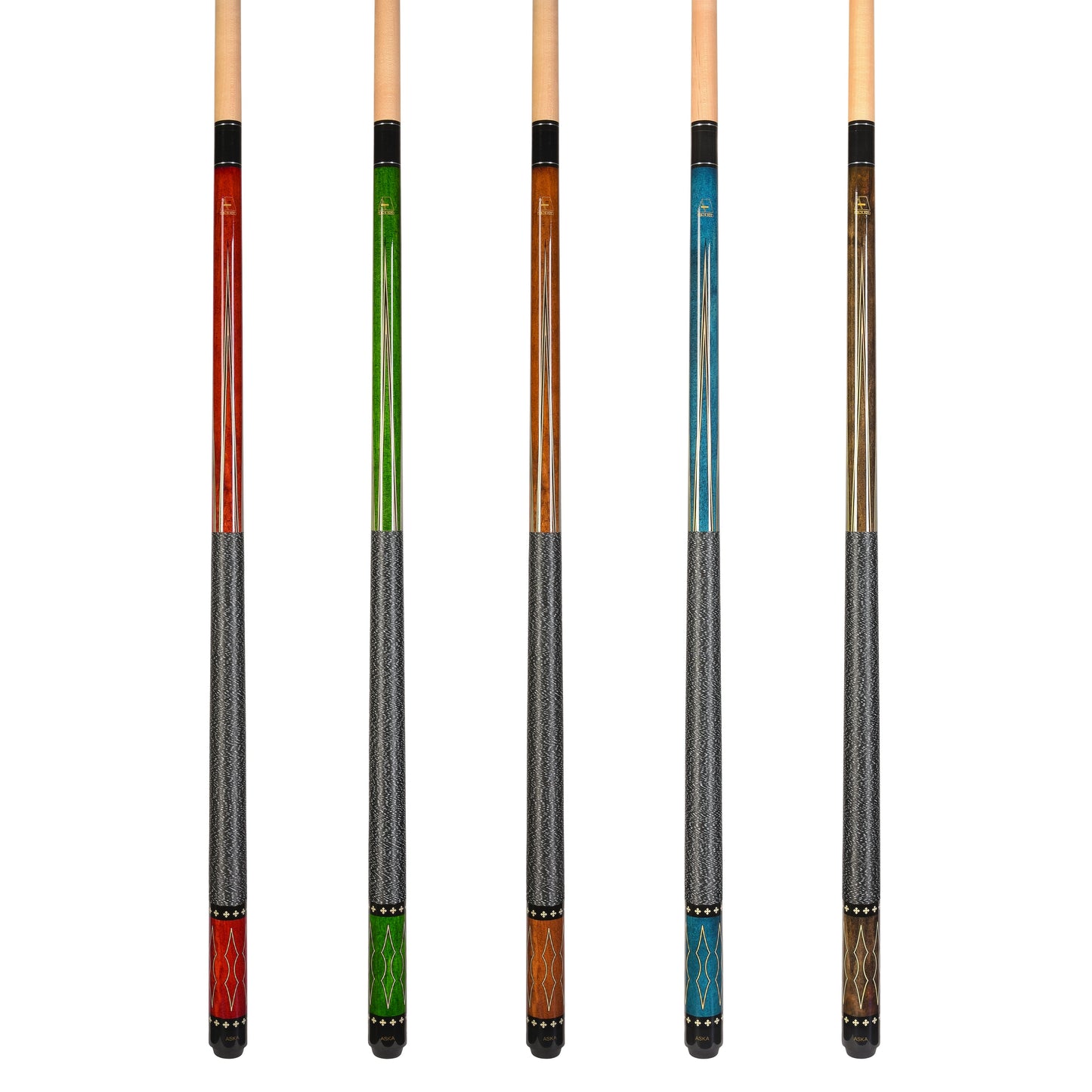 ASKA Set of 5 Pool Cue Sticks 58", Hard Rock Canadian Maple, 13mm Hard Glued On Tip, Mixed Weights and Colors, L22S5