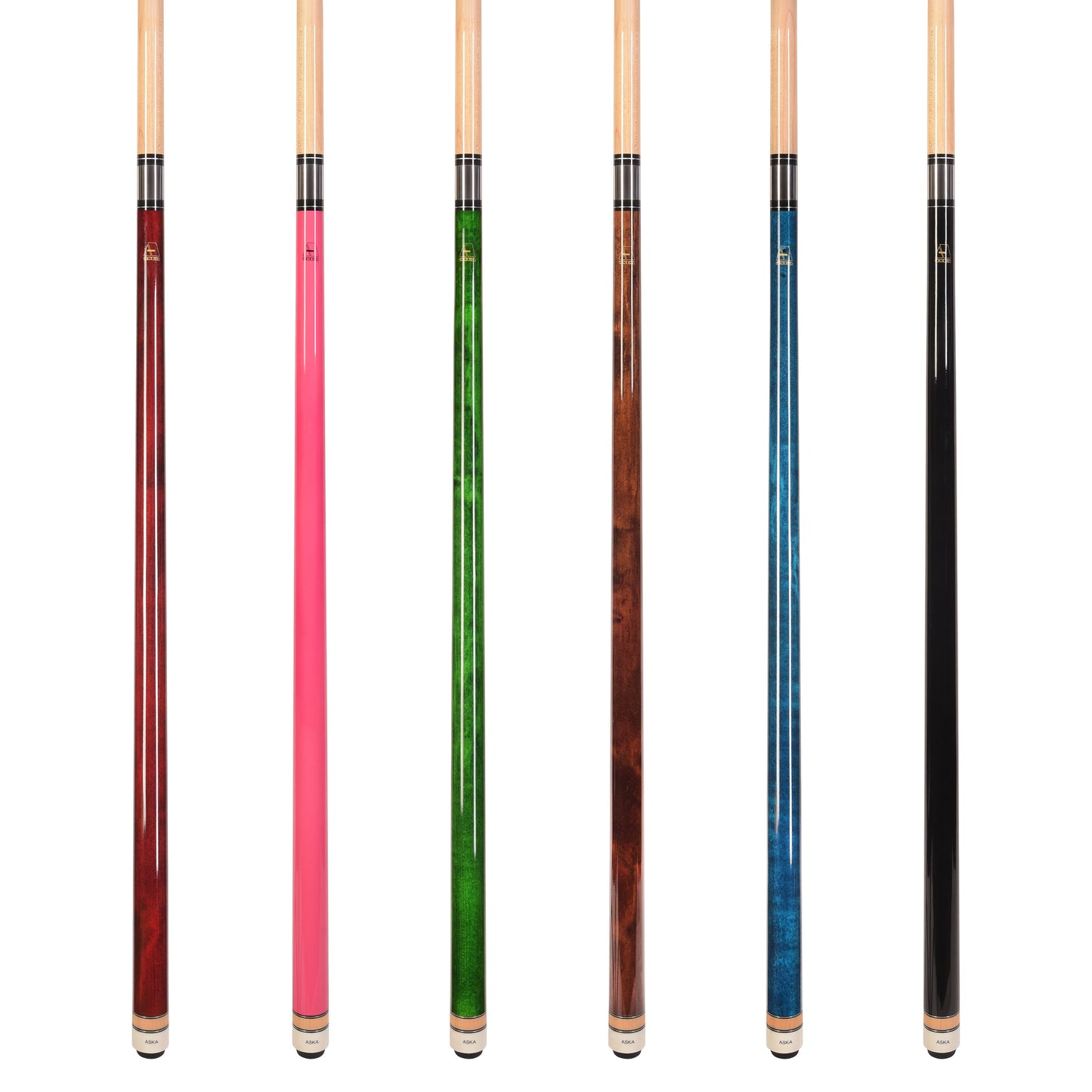 Set of 6 Aska L3 Pool Cue Sticks, 58", 13mm Tip, Hard Rock Canadian Maple Shaft, Wrapless, L3S6PNK