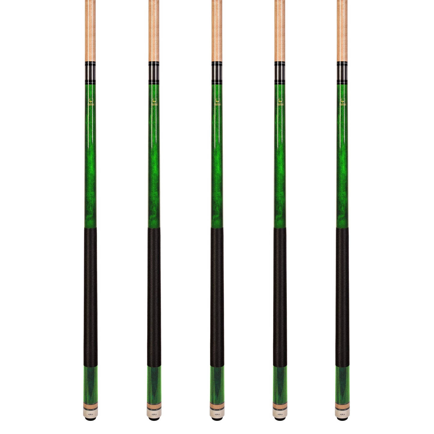 Set of 5 GREEN Aska L2 Billiard Pool Cues, 58" Hard Rock Canadian Maple, 13mm Hard Tip, Mixed Weights, L2S5GRN