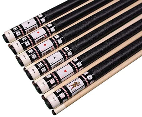 Set of 6 Aska Cards and Dice Billiard Pool Cues, 58" Hard Rock Canadian Maple, 13mm Hard Tip, Mixed Weights, CDS6