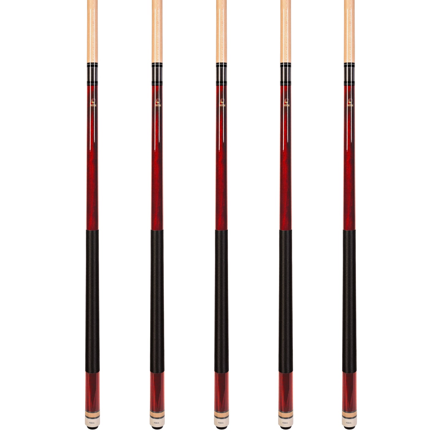 Set of 5 RED Aska L2 Billiard Pool Cues, 58" Hard Rock Canadian Maple, 13mm Hard Tip, Mixed Weights, L2S5RD