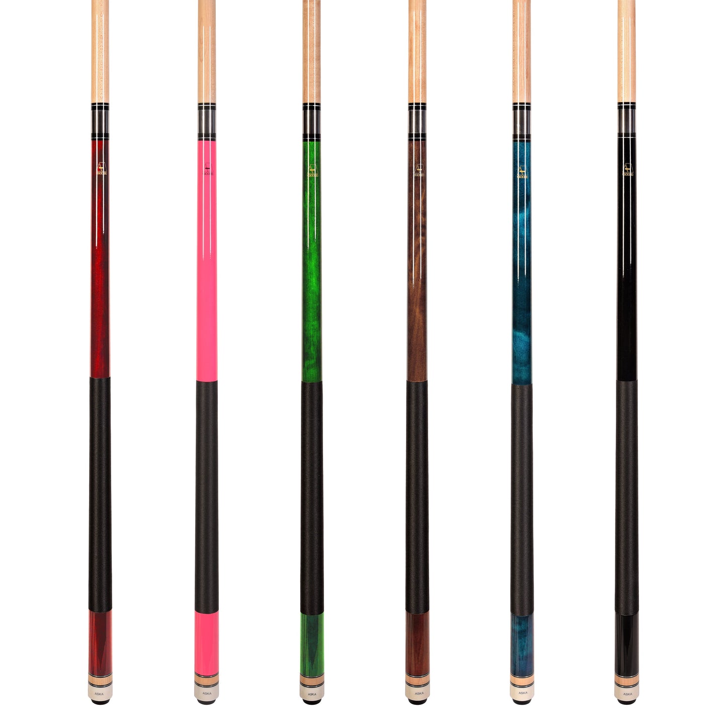 Set of 6 Aska L2 Billiard Pool Cues, 58" Hard Rock Canadian Maple, 13mm Hard Tip, Mixed Weights, L2S6PNK