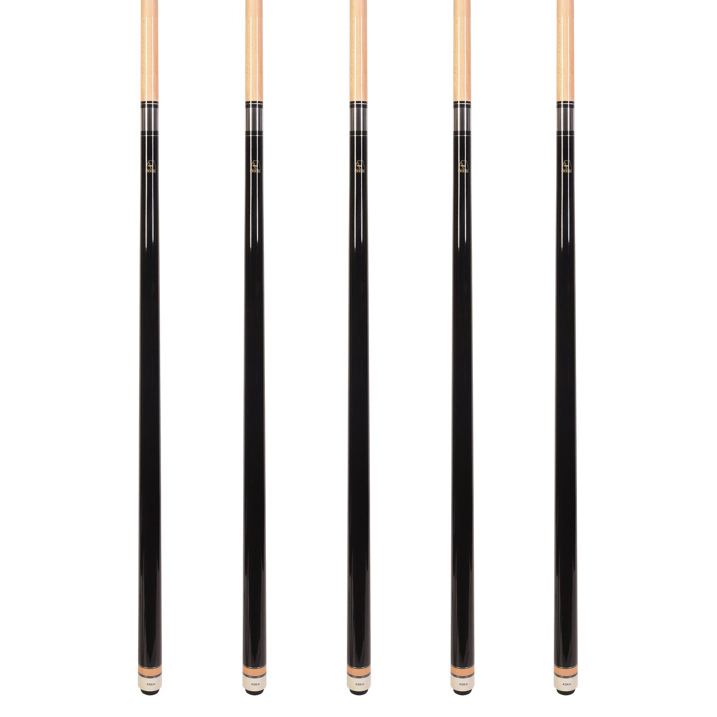 Set of 5 Aska L3 Black Pool Cue Sticks, 58", 13mm Tip, Hard Rock Canadian Maple Shaft, Wrapless, L3S5BLK
