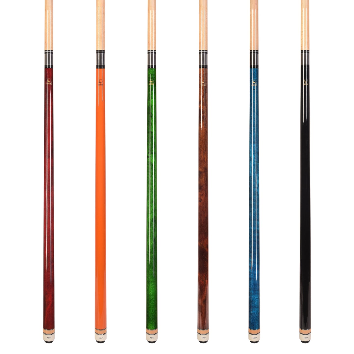 Set of 6 Aska L3 Pool Cue Sticks, 58", 13mm Tip, Hard Rock Canadian Maple Shaft, Wrapless, L3S6ORG