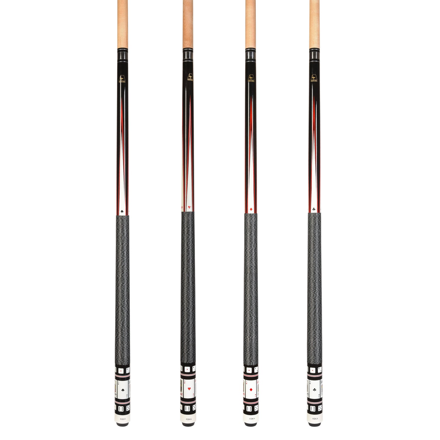 Set of 4 Aska Cards and Dice Billiard Pool Cues, 58" Hard Rock Canadian Maple, 13mm Hard Tip, Mixed Weights, CDS4