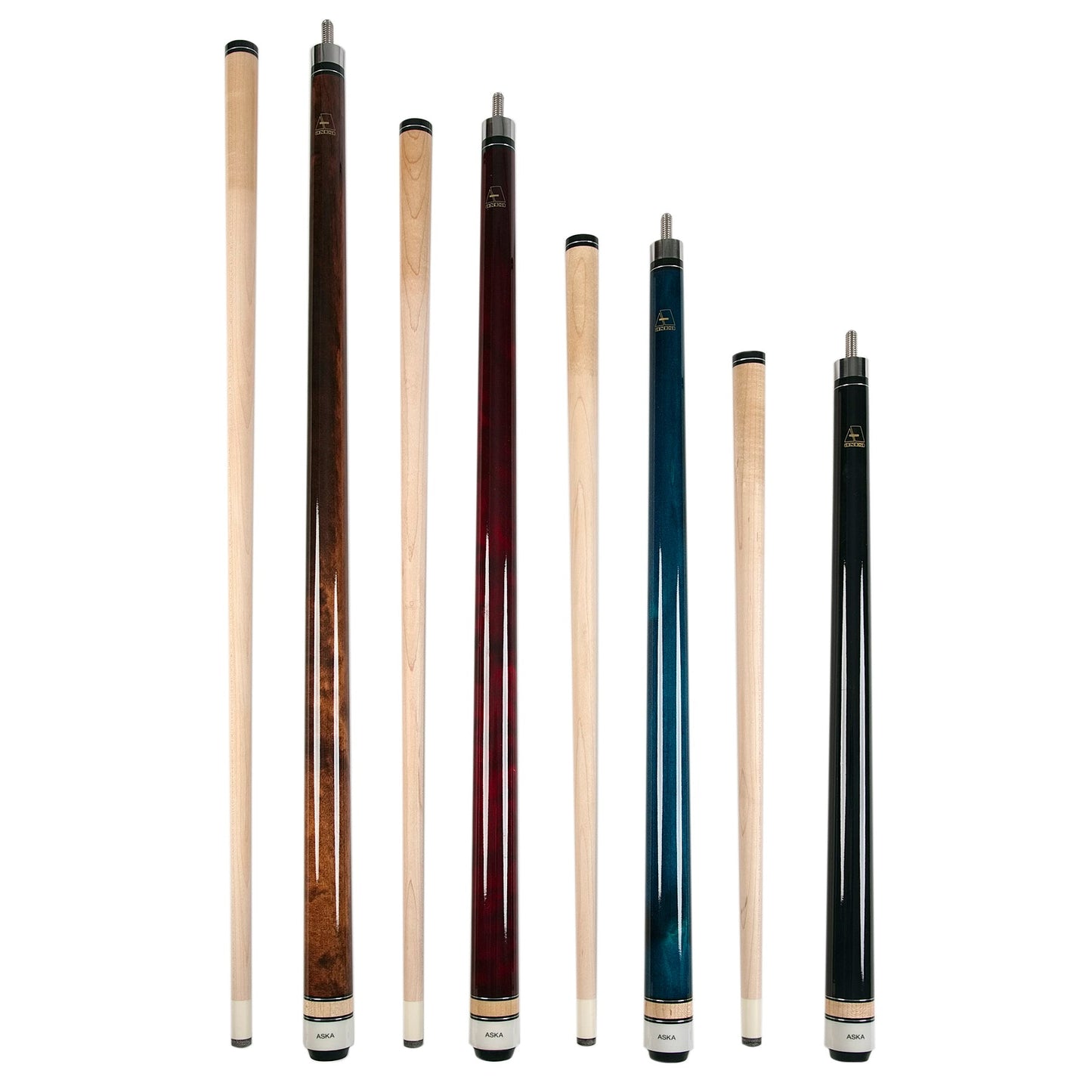 Aska Set of 4 Short Kids Pool Cue Sticks LCSN, Stained Maple, Canadian Hardrock Maple Shaft, 13mm Tip, Mixed Lengths 36",42",48",52", LCSN4