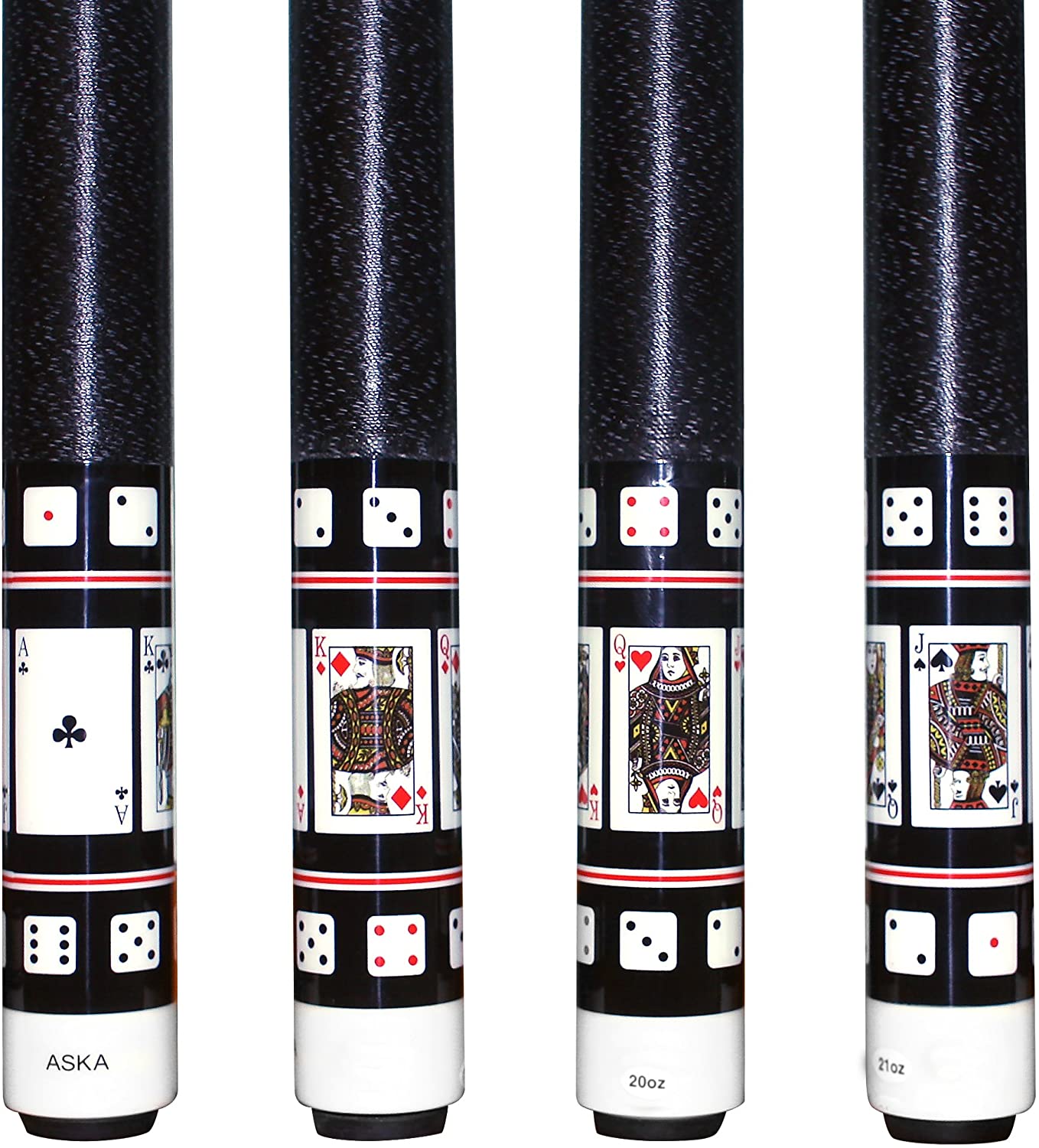 Set of 4 Aska Cards and Dice Billiard Pool Cues, 58" Hard Rock Canadian Maple, 13mm Hard Tip, Mixed Weights, CDS4
