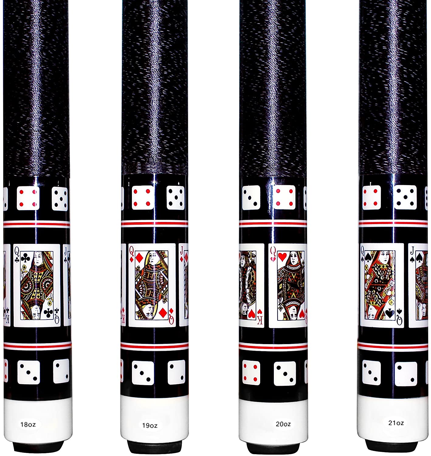 Set of 4 Aska Cards and Dice Billiard Pool Cues, 58" Hard Rock Canadian Maple, 13mm Hard Tip, Mixed Weights, CDS4