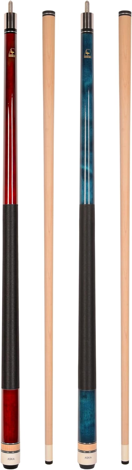 Set of 2 Aska Billiards Pool Cues, 58" Hard Rock Canadian Maple, 13mm Hard Tip, Choice of Colors