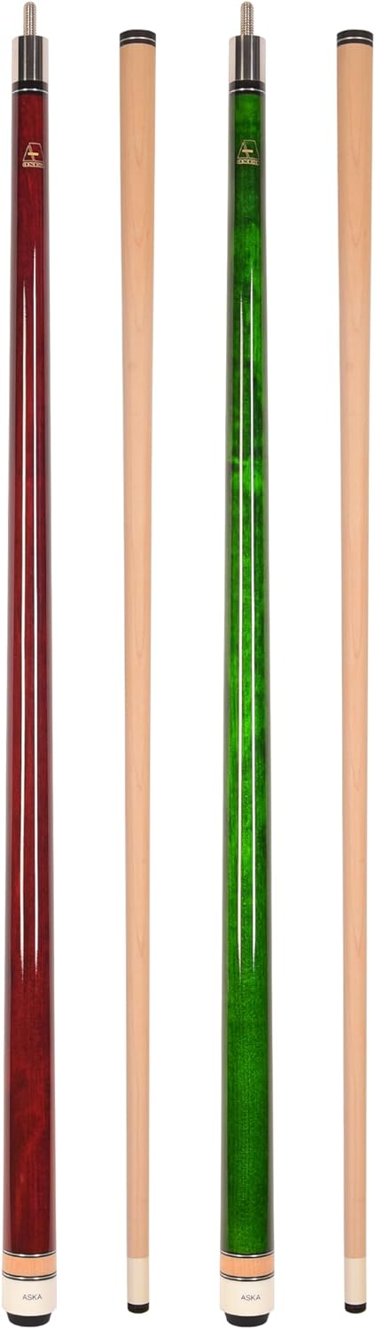 Set of 2 Aska Billiards Pool Cues, 58" Hard Rock Canadian Maple, 13mm Hard Tip, Choice of Colors
