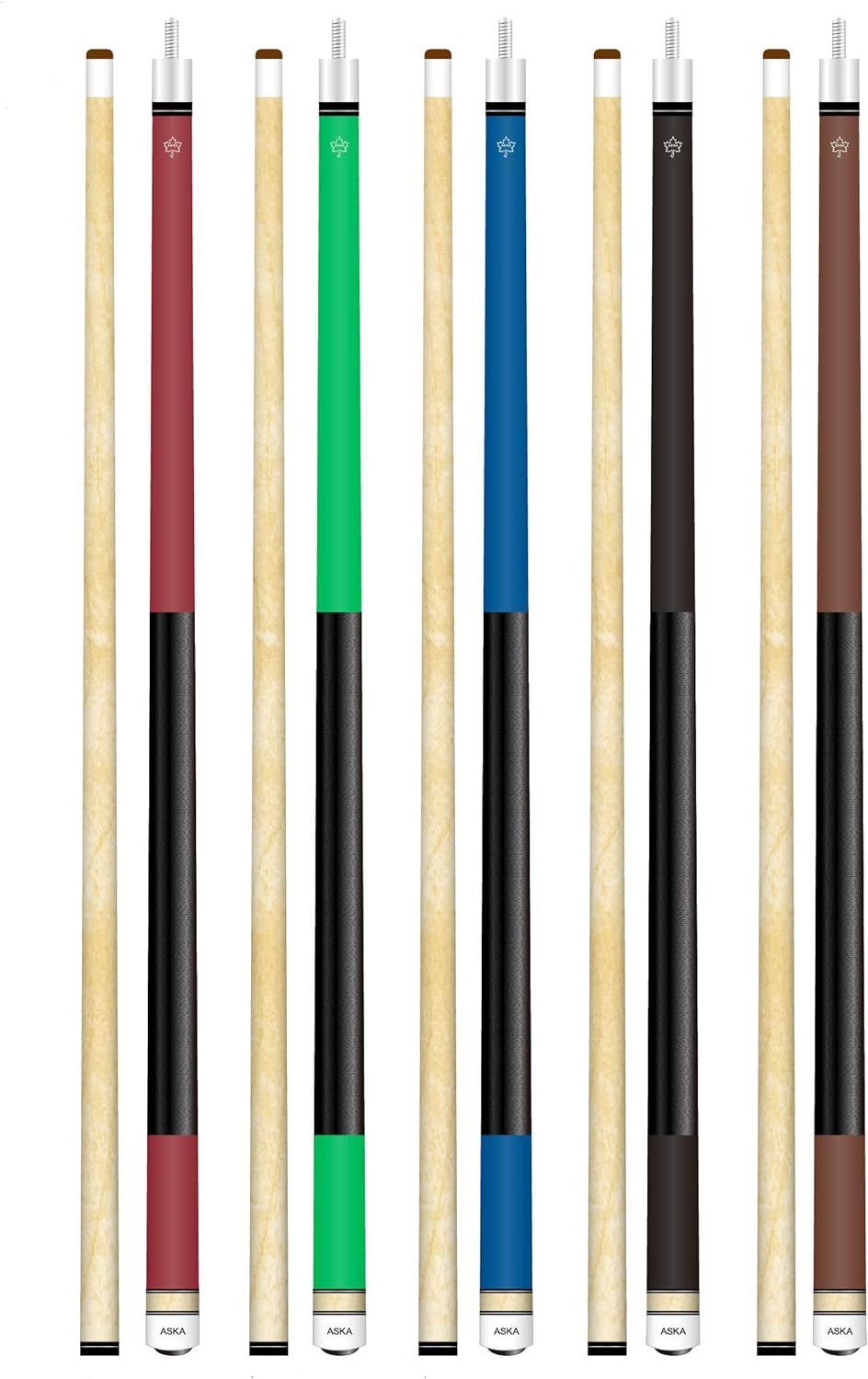 Set of 5 Aska Matte L2 Billiard Pool Cues, 58" Hard Rock Canadian Maple, 13mm Hard Tip, Mixed Weights, L2S5M