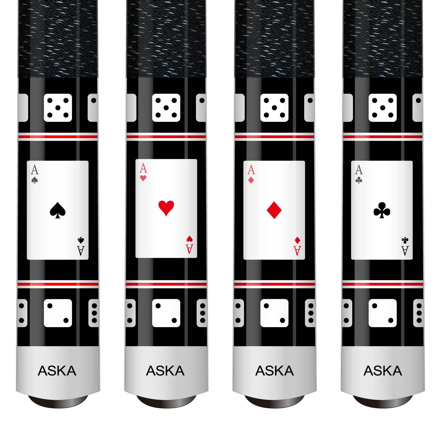 Set of 4 Aska Cards and Dice Billiard Pool Cues, 58" Hard Rock Canadian Maple, 13mm Hard Tip, Mixed Weights, CDS4