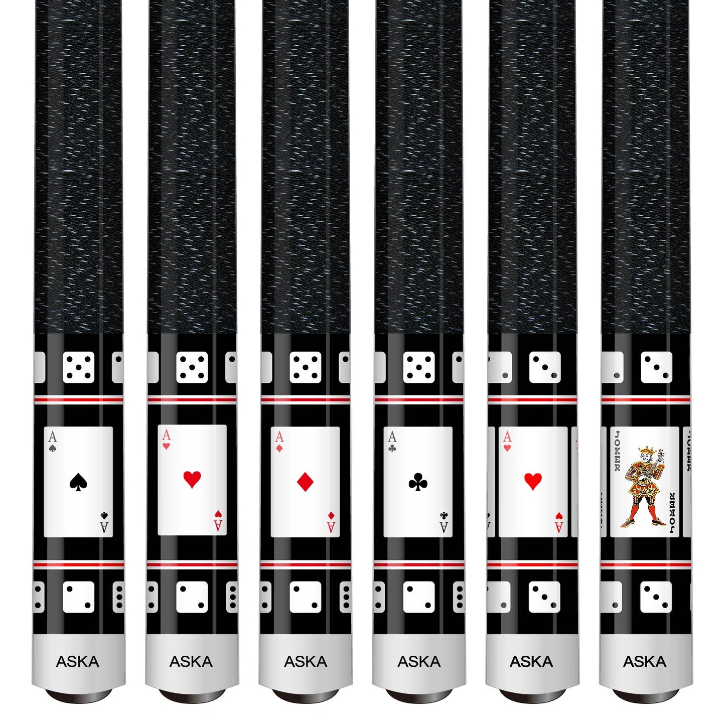 Set of 6 Aska Cards and Dice Billiard Pool Cues, 58" Hard Rock Canadian Maple, 13mm Hard Tip, Mixed Weights, CDS6