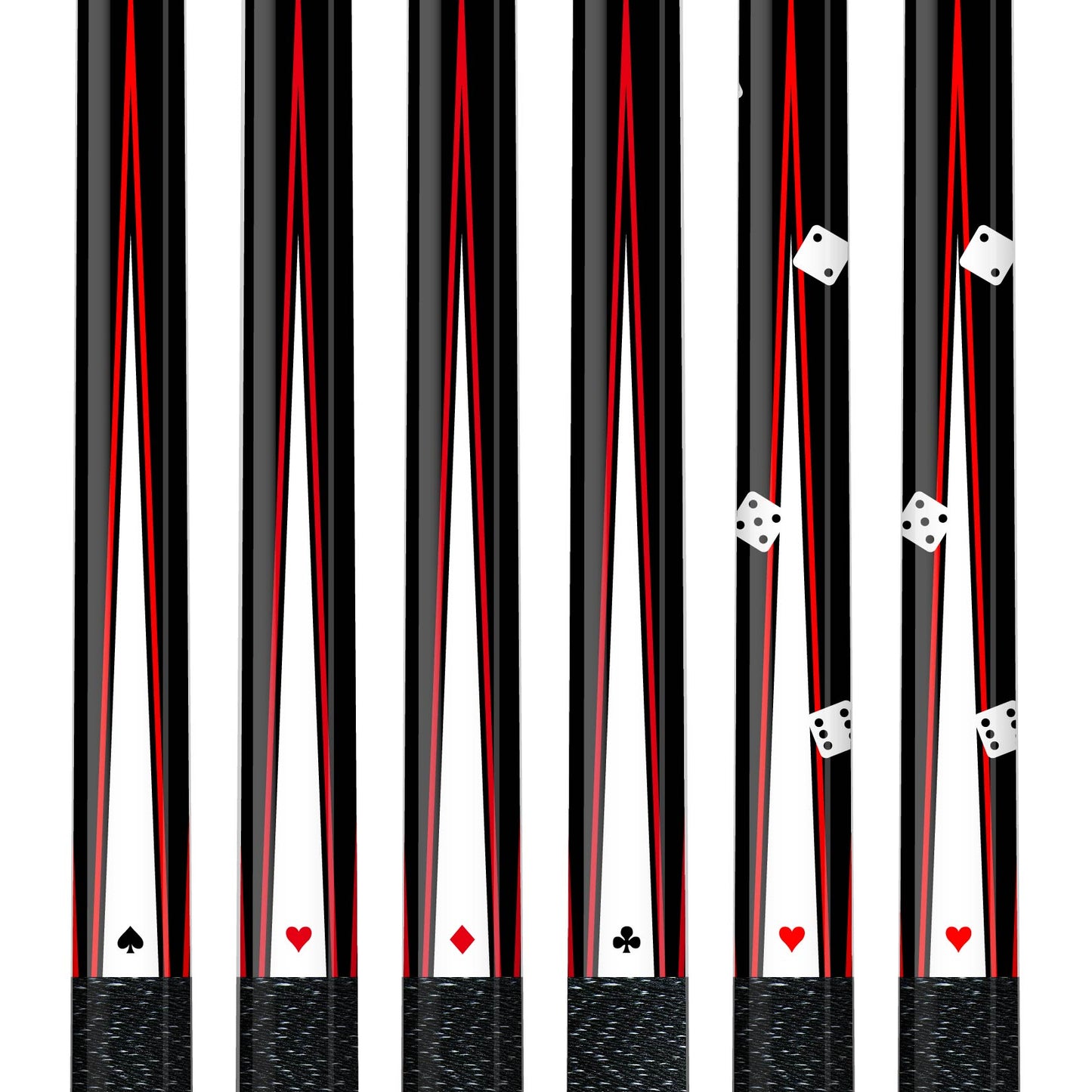 Set of 6 Aska Cards and Dice Billiard Pool Cues, 58" Hard Rock Canadian Maple, 13mm Hard Tip, Mixed Weights, CDS6