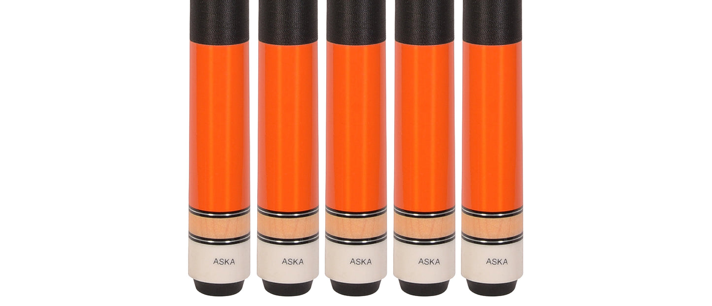 Set of 5 Orange Aska L2 Billiard Pool Cues, 58" Hard Rock Canadian Maple, 13mm Hard Tip, Mixed Weights, L2S5ORG