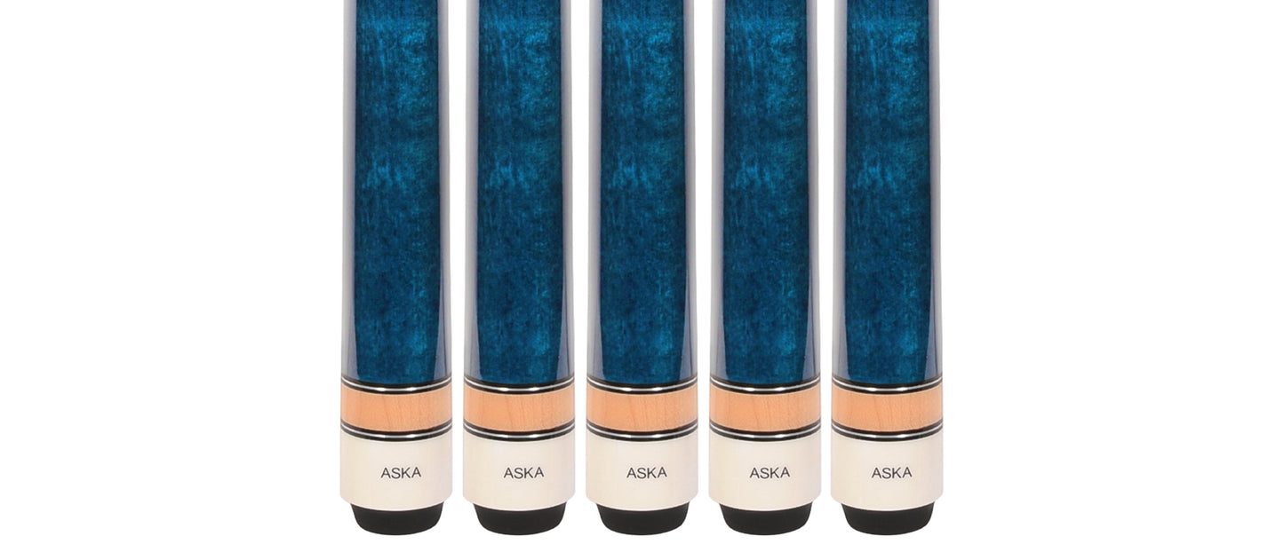 Set of 5 Aska L3 Blue Pool Cue Sticks, 58", 13mm Tip, Hard Rock Canadian Maple Shaft, Wrapless, L3S5BLU