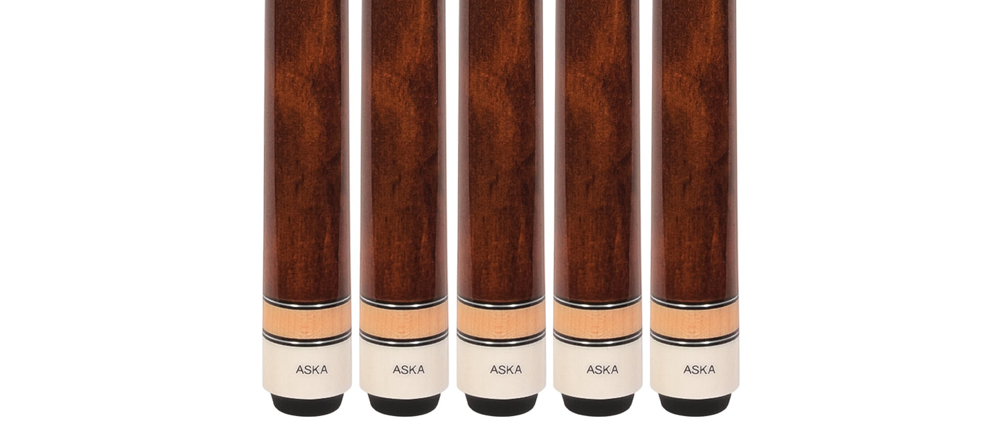 Set of 5 Aska L3 Brown Pool Cue Sticks, 58", 13mm Tip, Hard Rock Canadian Maple Shaft, Wrapless, L3S5BRN