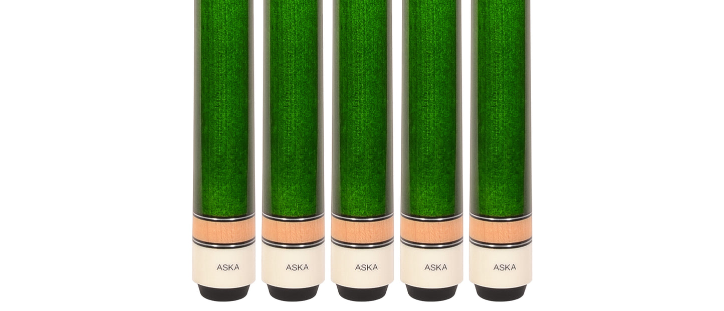 Set of 5 Aska L3 Green Pool Cue Sticks, 58", 13mm Tip, Hard Rock Canadian Maple Shaft, Wrapless, L3S5GRN