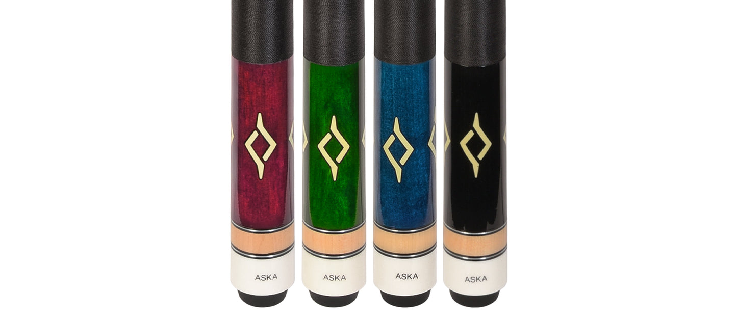 ASKA Set of 4 Pool Cue Sticks 58", 2-Piece Construction, 5/16x18 Joint, Hard Rock Canadian Maple, 13mm Hard Glued On Tip, Mixed Weights and Colors, L7S4