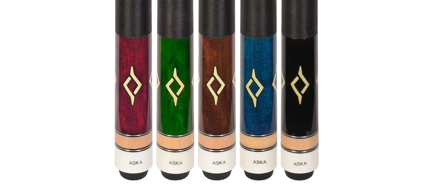 ASKA Set of 5 Pool Cue Sticks 58", 2-Piece Construction, 5/16x18 Joint, Hard Rock Canadian Maple, 13mm Hard Glued On Tip, Mixed Weights and Colors, L7S5