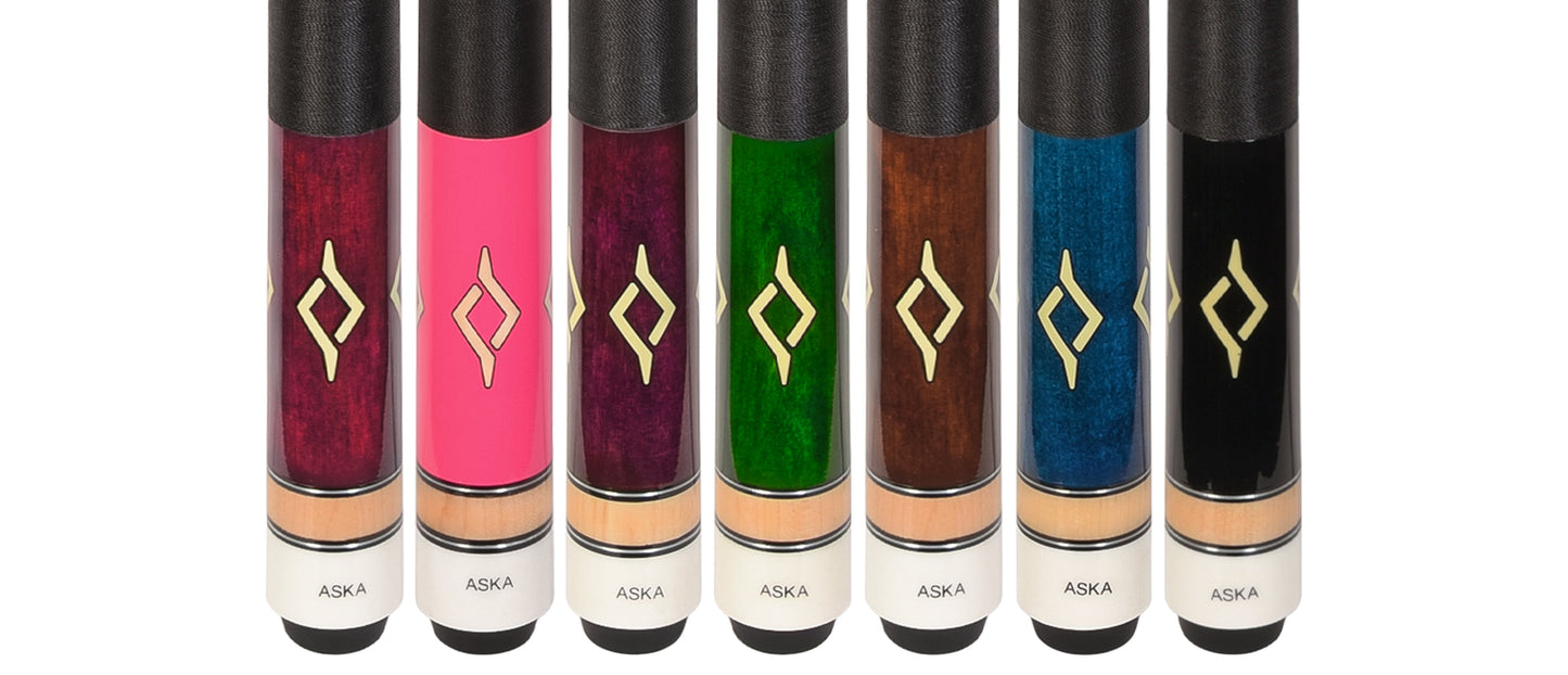 ASKA Set of 7 L7 Pool Cue Sticks 58", 2-Piece Construction, 5/16x18 Joint, Hard Rock Canadian Maple, 13mm Hard Glued On Tip, Mixed Weights and Colors, L7S7