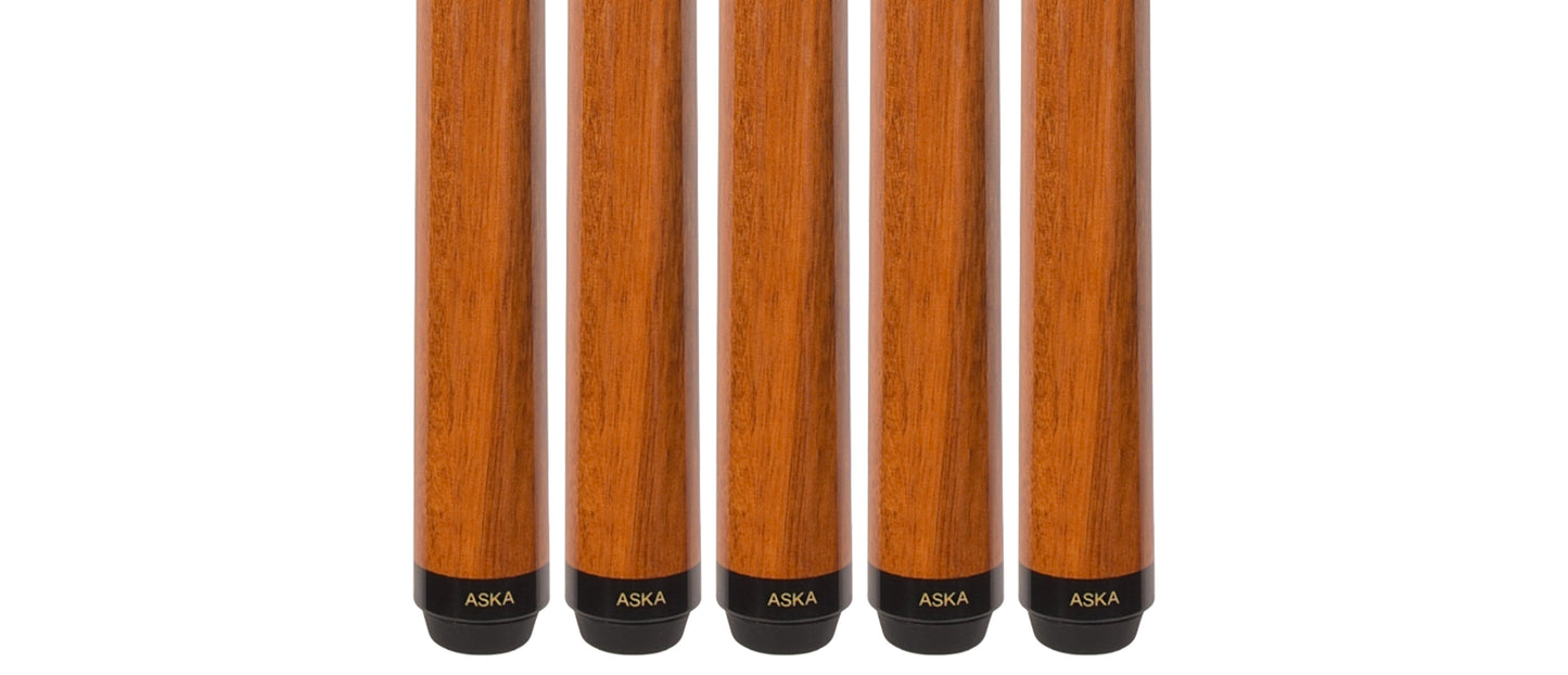 Set of 5 Aska SP1 Malaswood Sneaky Pete Billiard Pool Cue Sticks, 58" Hard Rock Canadian Maple, 13mm Hard Le Pro Tip, 2-Piece Construction. SP1S5