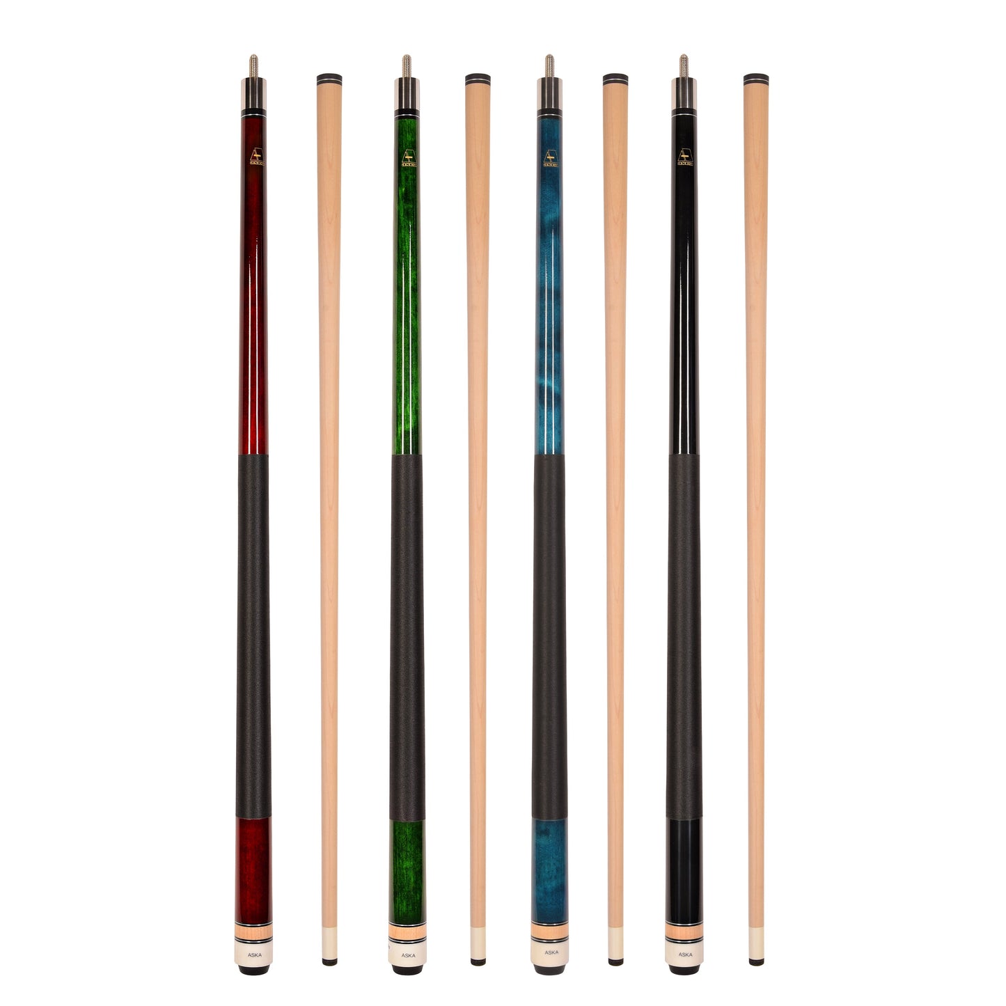 ASKA L2 Pool Cue Set of 4 | 58" Hard Rock Maple Billiard Sticks, 13mm Leather Tip, Mixed Weights 18-21 oz