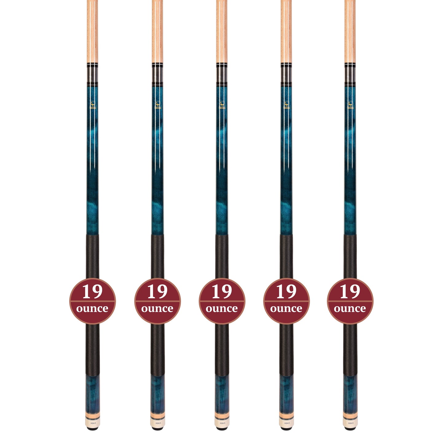 Set of 5 BLACK Aska L2 Billiard Pool Cues, 58" Hard Rock Canadian Maple, 13mm Hard Tip, Mixed Weights, L2S5BLK