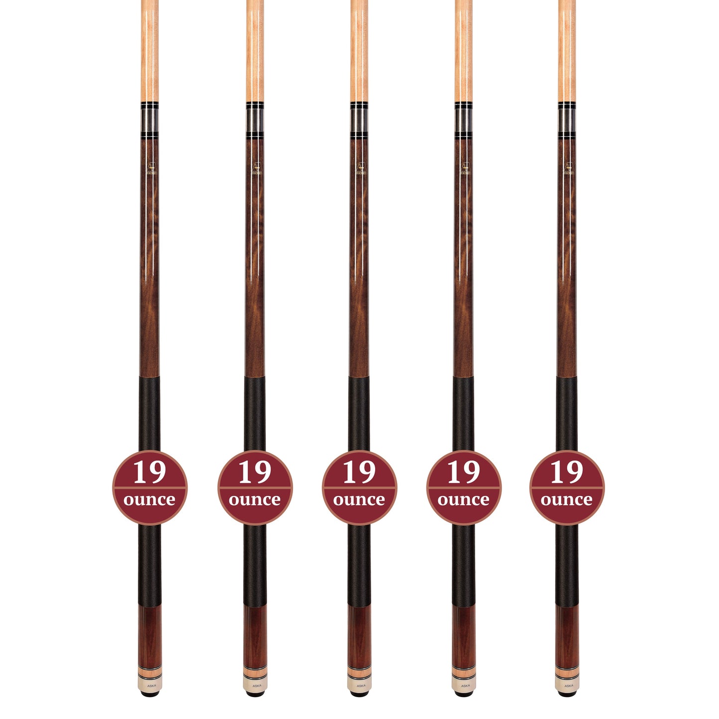 Set of 5 BROWN Aska L2 Billiard Pool Cues, 58" Hard Rock Canadian Maple, 13mm Hard Tip, Mixed Weights, L2S5BRN