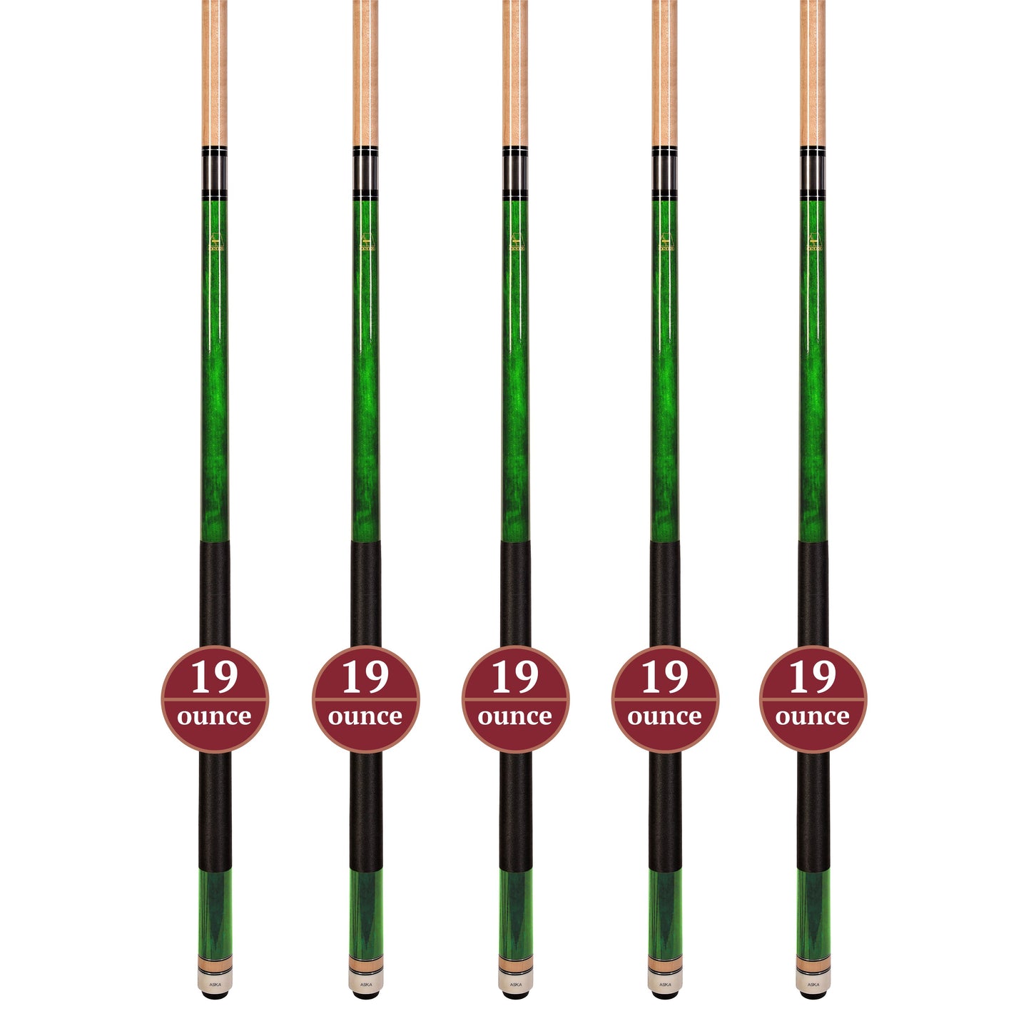 Set of 5 GREEN Aska L2 Billiard Pool Cues, 58" Hard Rock Canadian Maple, 13mm Hard Tip, Mixed Weights, L2S5GRN
