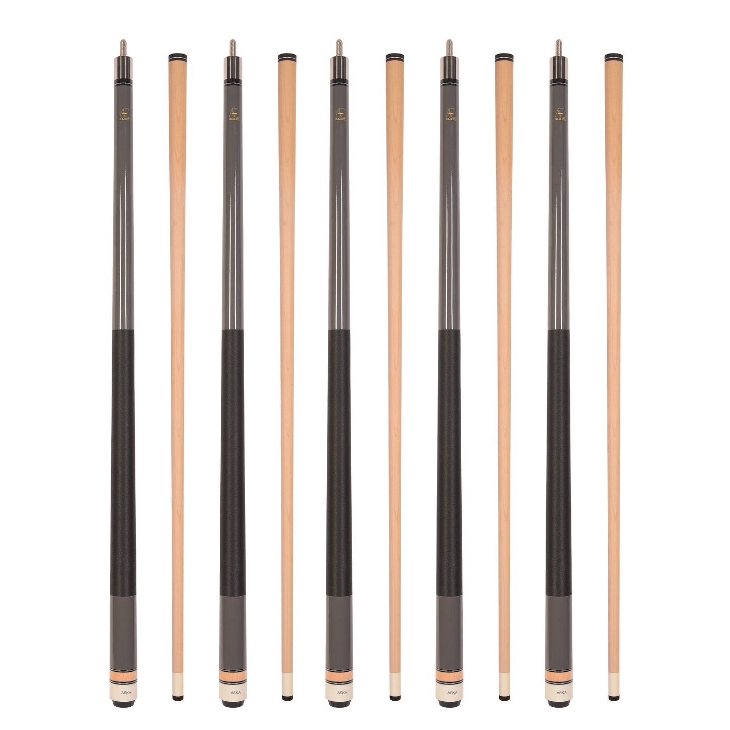 Set of 5 Grey Aska L2 Billiard Pool Cues, 58" Hard Rock Canadian Maple, 13mm Hard Tip, Mixed Weights, L2S5GRY