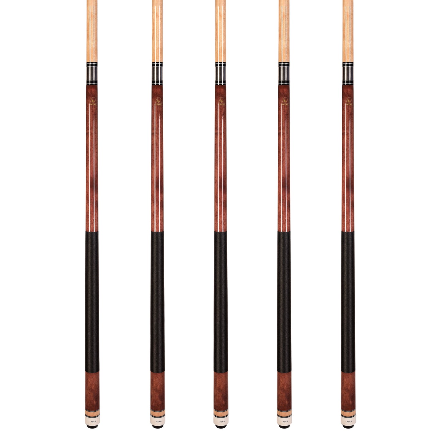 Set of 5 Mahagony Aska L2 Billiard Pool Cues, 58" Hard Rock Canadian Maple, 13mm Hard Tip, Mixed Weights, L2S5MAH