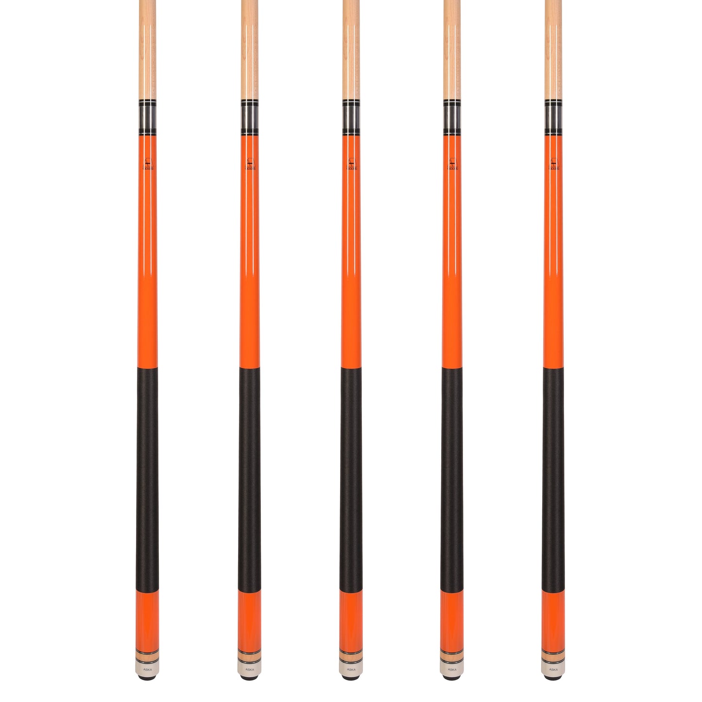 Set of 5 Orange Aska L2 Billiard Pool Cues, 58" Hard Rock Canadian Maple, 13mm Hard Tip, Mixed Weights, L2S5ORG