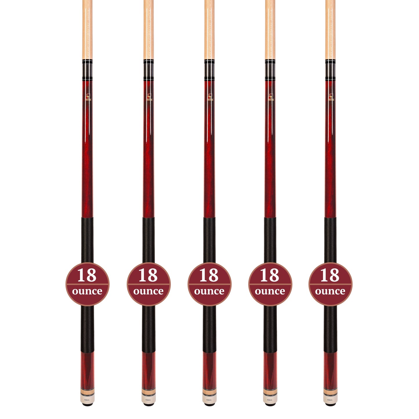 Set of 5 RED Aska L2 Billiard Pool Cues, 58" Hard Rock Canadian Maple, 13mm Hard Tip, Mixed Weights, L2S5RD