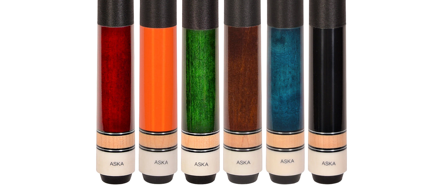 Set of 6 Aska L2 Billiard Pool Cues, 58" Hard Rock Canadian Maple, 13mm Hard Tip, Mixed Weights, L2S6ORG