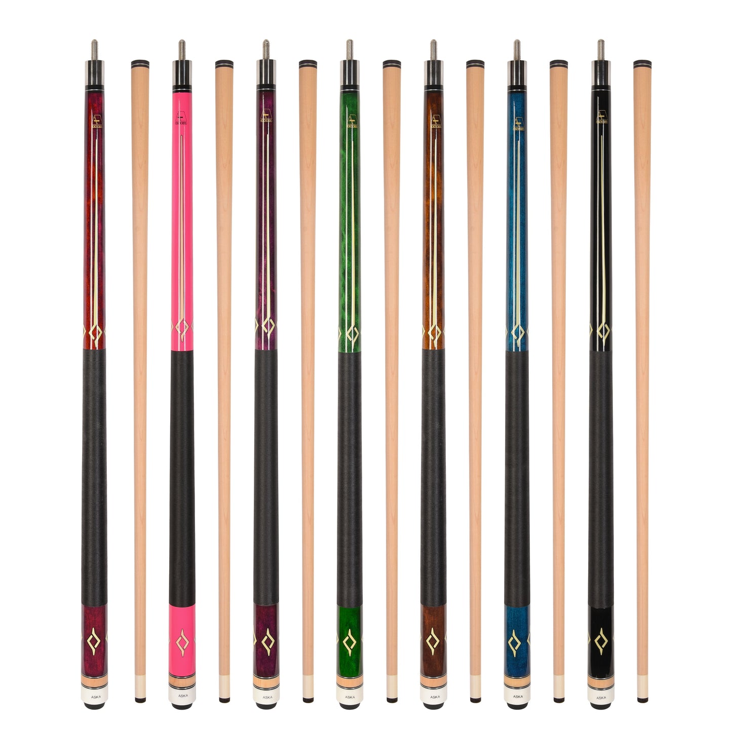 ASKA Set of 7 L7 Pool Cue Sticks 58", 2-Piece Construction, 5/16x18 Joint, Hard Rock Canadian Maple, 13mm Hard Glued On Tip, Mixed Weights and Colors, L7S7