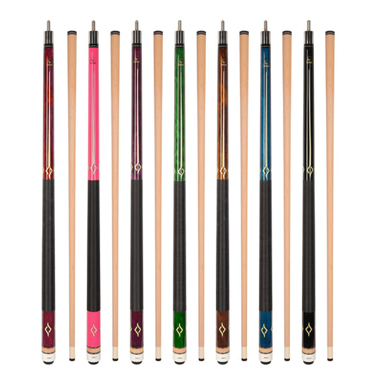 ASKA Set of 7 L7 Pool Cue Sticks 58", 2-Piece Construction, 5/16x18 Joint, Hard Rock Canadian Maple, 13mm Hard Glued On Tip, Mixed Weights and Colors, L7S7