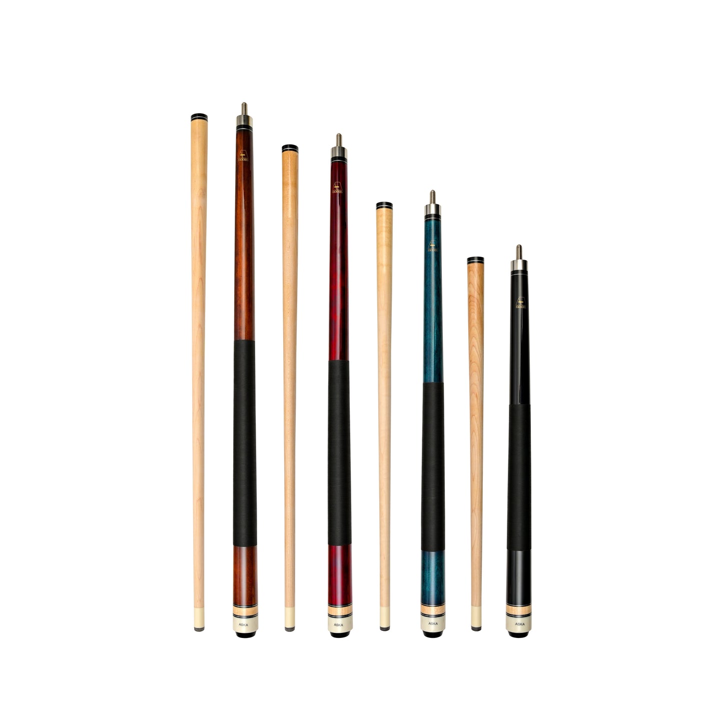 Aska Set of 4 Short Kids Pool Cue Sticks LCS, Stained Maple, Canadian Hardrock Maple Shaft, 13mm Tip, Mixed Lengths 36",42",48",52", LCS4