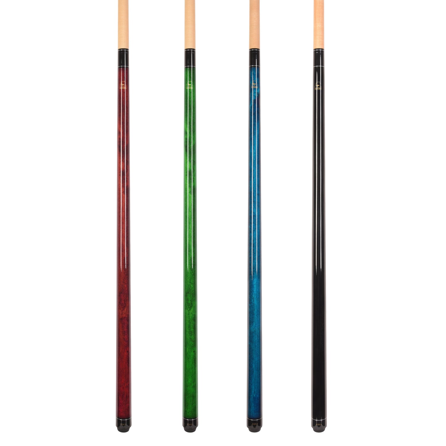 Set of 4 Aska LECN Billiard Pool Cues, 58" Hard Rock Canadian Maple, 13mm Hard Leather Tip, Mixed Weights and Colors, LECN4