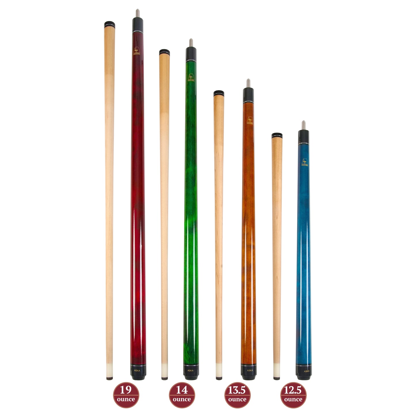 Set of Aska Mixed Length Cues LS, Canadian Hard Rock Maple Billiard Pool Cue Sticks, Short, Kids Cues, LS4N