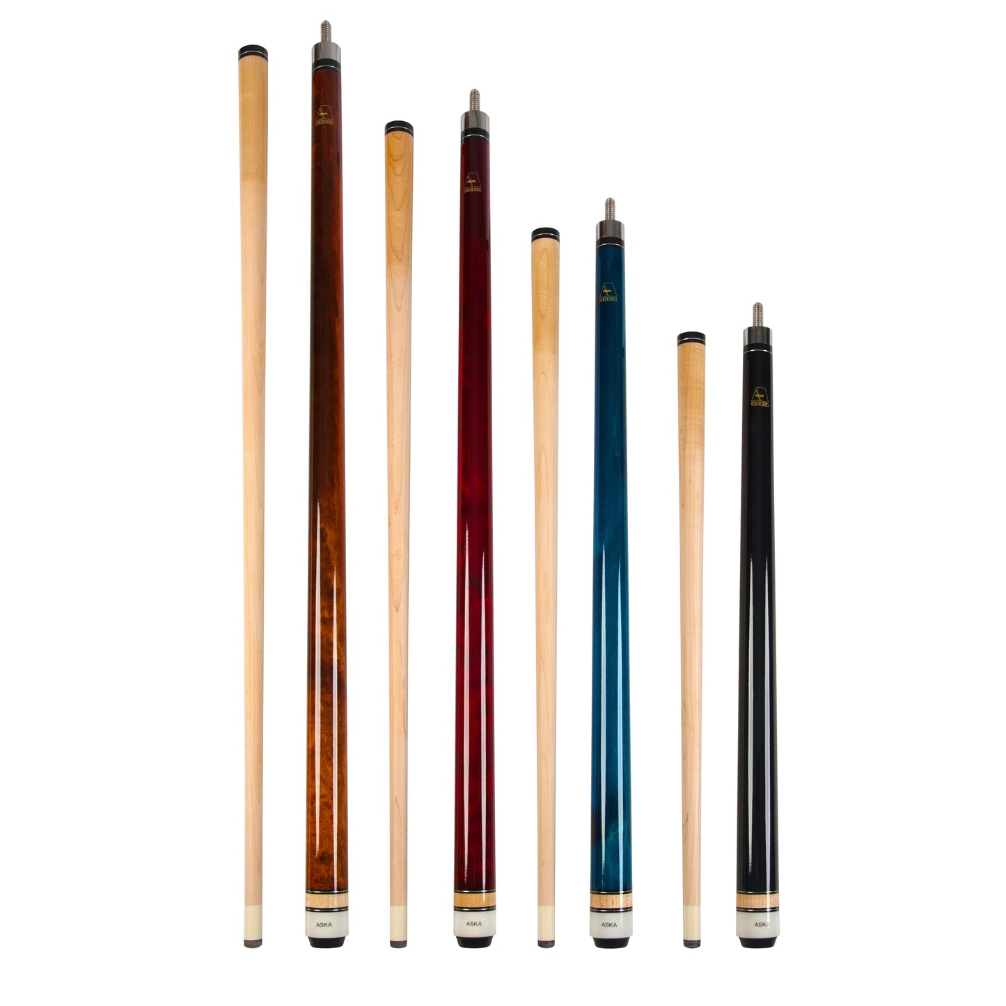 Aska Set of 4 Short Kids Pool Cue Sticks LCSN, Stained Maple, Canadian Hardrock Maple Shaft, 13mm Tip, Mixed Lengths 36",42",48",52", LCSN4