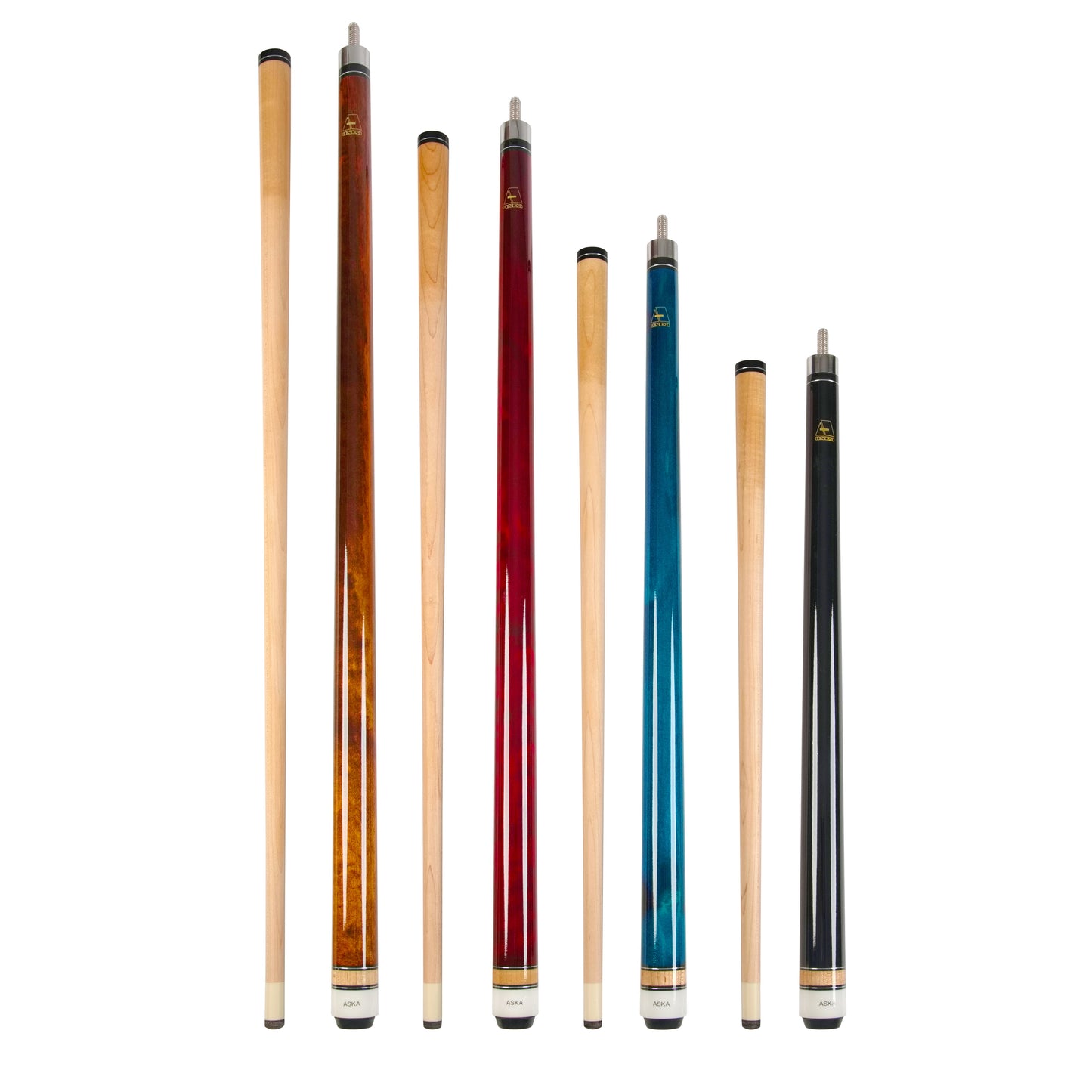 Aska Set of 4 Short Kids Pool Cue Sticks LCSN, Stained Maple, Canadian Hardrock Maple Shaft, 13mm Tip, Mixed Lengths 36",42",48",52", LCSN4