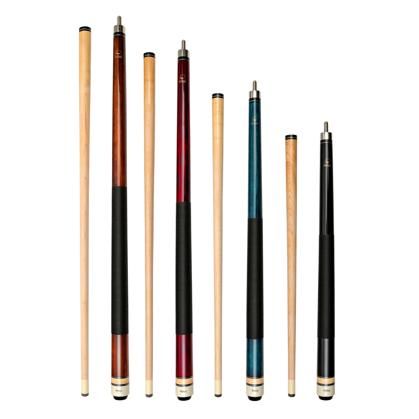 Aska Set of 4 Short Kids Pool Cue Sticks LCS, Stained Maple, Canadian Hardrock Maple Shaft, 13mm Tip, Mixed Lengths 36",42",48",52", LCS4